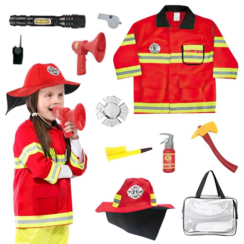 YANGUN Feuerwehrmann Kostüm Kinder, Kinder Feuerwehr Rollenspiel Set, Feuerwehr Kostüm Kinder, Waschbares Kostüm Feuerwehrmann Set mit Feuerlöscher Feuerwehrhelm für Karneval, Fasching, Mottoparty von YANGUN