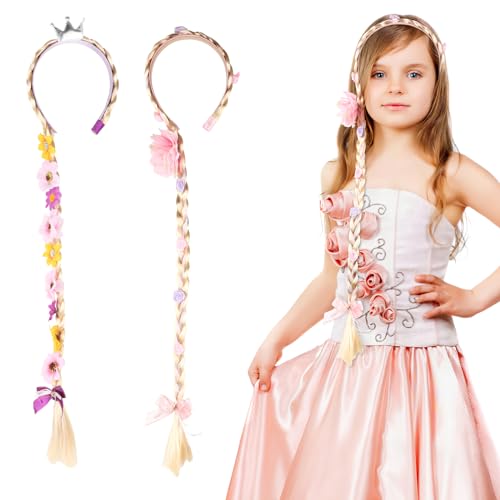 YANGUN Haarreif Prinzessin Zopf, 2 Stück Langhaar Perücke Zöpfe für Mädchen, Kinder Perücken für Mädchen Blond, Rapunzel Perücke Kinder, Prinzessin Perücke Kinder für Maskerade Halloween Cosplay von YANGUN