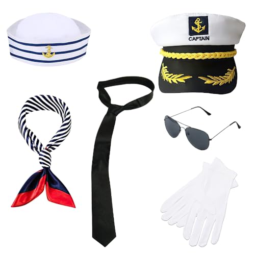 YANGUN Kapitän Matrosen Kostüm Set, Kapitänsmütze Matrosenmütze, 6 Stück Yacht Kapitän Hut Kapitänsmütze Kostüm Set, Verstellbare Yacht Kapitän Hut Schal Sonnenbrille für Karneval Mottoparty Cosplay von YANGUN