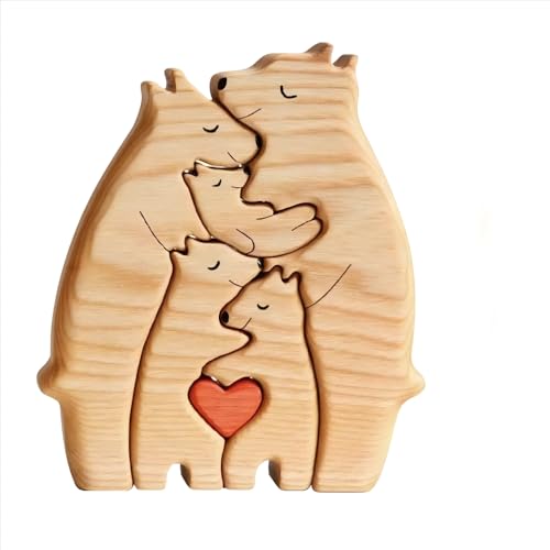 YANGUN Personalisiertes Holzkunstpuzzle der Bärenfamilie mit 1-5 Namen, 1 schwarzer Stift, Holz Bär Skulpturen Desktop Ornament Home Tischdekoration, Bärenfamilienfigur Aus Holz, Geschenk für Familie von YANGUN