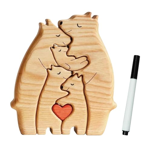 YANGUN Personalisiertes Holzkunstpuzzle der Bärenfamilie mit 1-5 Namen, 1 schwarzer Stift, Holz Bär Skulpturen Desktop Ornament Home Tischdekoration, Bärenfamilienfigur Aus Holz, Geschenk für Familie von YANGUN