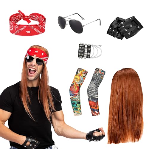 YANGUN Rocker Outfit herren, Punk Gothic Rocker Kit, Rocker Kostüm Herren Set mit Perücke, Punker Rockstar Kostüm Accessoires Herren, Rocker 80er 90er Jahre Outfit, Für Motto-Party Und Cosplay von YANGUN