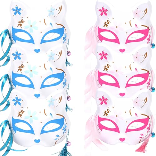 YANJIY 6 Stück Maskerade Maske Blau Rosa, Gemalte Katzenmaske mit Glocke, Halloween Tier Cosplay Katzenmasken, Plastik Weiße Katzenmaske, Kabuki Maske, für Partys, Karneval, Kinder Erwachsene von YANJIY