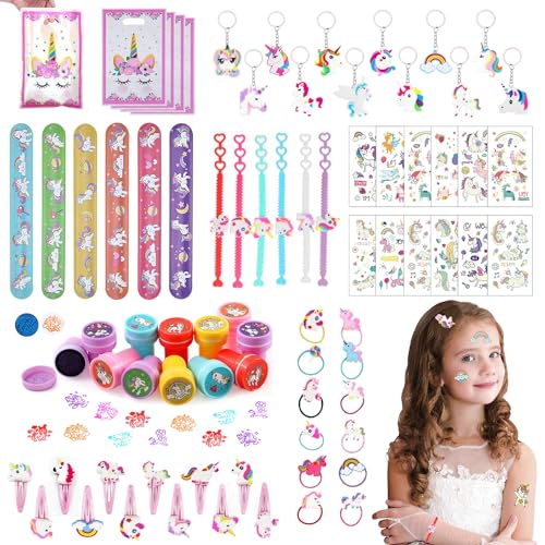 84 Stück Einhorn Kindergeburtstag Party Mitgebsel Set Einhorn Leuchtende Tattoos Stempel Geschenktüten Armband Schlüsselanhänger Haarspange Einhorn Party Mitgebsel Einhorn Geschenke für Mädchen von YANSYUN