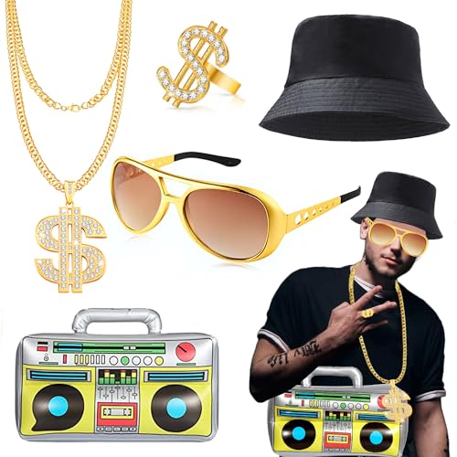 Hip Hop Kostüm Set, 80er 90er Jahre Outfit Herren Hip Hop Rapper Accessories, 5 Stück Hip Hop Punk Kostüm Set, Goldene Dollar Kette Brille Ring Aufblasbare Radio Fischermütze, 80er 90er Rapper Outfits von YANSYUN