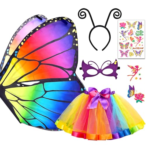 Schmetterlingsflgel Kinder, Kostüm Schmetterling Kinder, 6 Stück Schmetterling Umhang Flügel Kostüm Set mit Maske, Kinder Tutu Rock, Haarreif, Tattoos, Feenflügel-Umhang für Karneval Halloween von YANSYUN