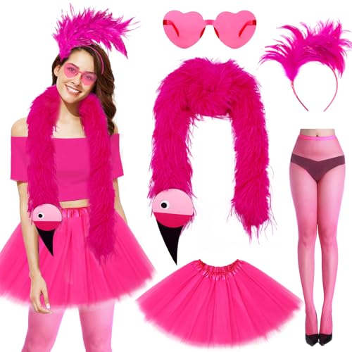 YANSYUN Flamingo Kostüm Damen Karneval Kostüm Damen mit Flamingos Haarreif Sonnenbrille Tüllrock Rosa Federschal Leggings für Hawaii Party Karneval Fasching Sommer Party von YANSYUN