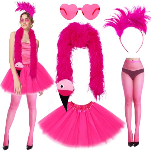 YANSYUN Flamingo Kostüm Damen Karneval Kostüm Damen mit Flamingos Haarreif Sonnenbrille Tüllrock Rosa Federschal Leggings für Hawaii Party Karneval Fasching Sommer Party von YANSYUN