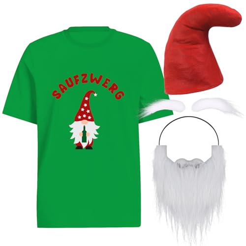 YANSYUN Zwergenkostüm Erwachsene 3 Stück Saufzwerg Karneval Kostüm Herren, Bier Kostüm Inklusive Bart Hut T-Shirt für Damen Herren (Grün, L) von YANSYUN