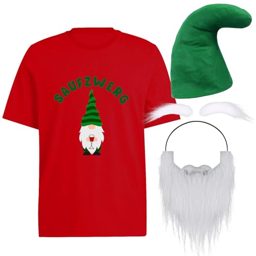 YANSYUN Zwergenkostüm Erwachsene 3 Stück Saufzwerg Karneval Kostüm Herren, Bier Kostüm Inklusive Bart Hut T-Shirt für Damen Herren (Rot, L) von YANSYUN