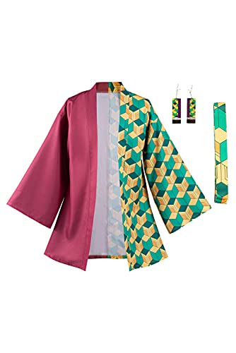 YANVS Anime Kimono Cloak Kamado Tanjirou Robe Cosplay Kostüm Kimono Cardigan Umhang mit Ohrringen und Gürtel von YANVS