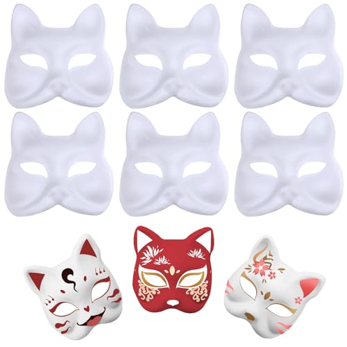 YANXINKE Weiße Fuchsmaske,6 Stück Weiße Papier Maske,Fuchs Cosplay Maske,Weiße Halbmasken,Pappmaché Masken,Cosplay Maske Weiß,Leere Fuchsmasken,Tiermasken zum Selbermachen,Diy Masken Partyzubehör von YANXINKE