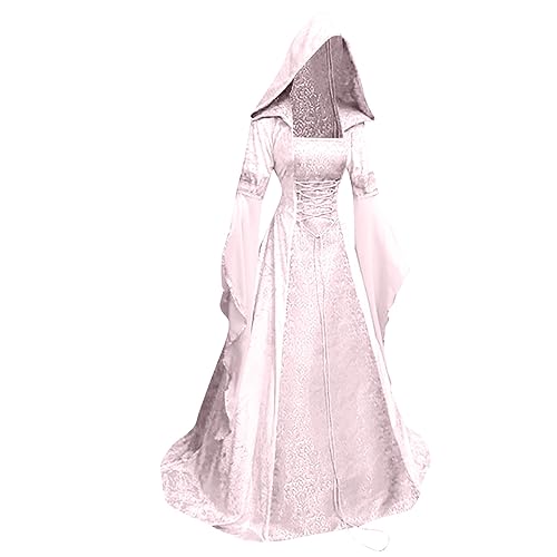 Damen Gothic Kleidung Mittelalter Kleid mit Kapuze Große Größen Trompetenärmel Renaissance Bodenlang Schnürkleid Vintage Viktorianischen Königin Kleider Karneval Halloween Kostüm sale clearance von YAOJIWANG