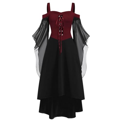 Halloween Kleid Damen Große Größen Gothic Mittelalter Kleidung Vintage Steampunk Maxikleider Festliches Kleid mit Trompetenärmeln Renaissance Hexenkleid Vampir Verbandkleid Partykleid Ballkleid von YAOJIWANG