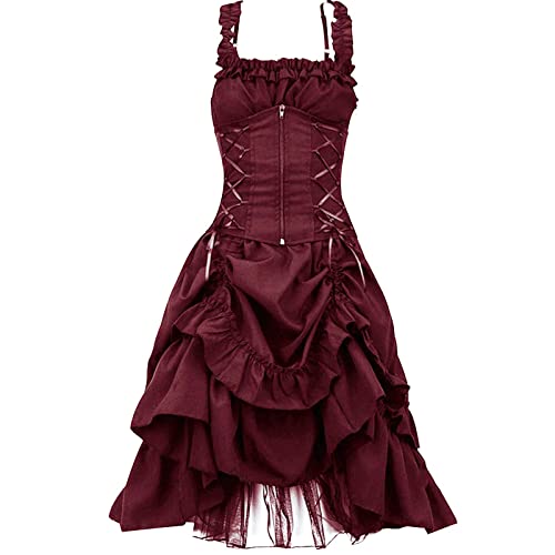 Mittelalter Kleid Damen Spitzen Dirndl Vintage Gothic Kleidung Ärmelloser Hohe Taille Abendkleider Renaissance Retro Lang Elegant Partykleid Steampunk A-Linie Kleider Halloween Kostüm Sale Angebot von YAOJIWANG