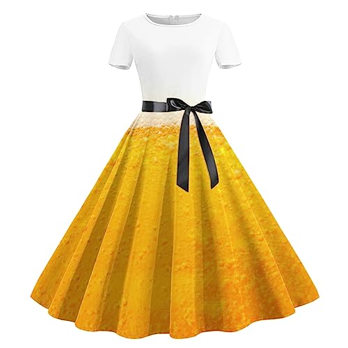 Oktoberfest Damen Outfit, Trachtenkleid,Mittelalter Kleidung,Satin Kleid, Abiballkleider, Spaß Elegant Print Kleid,Bayerisches Bierfest Kleid,Rundhals Kurzarm Kleid Mit Gürtel Verkauf Angebot von YAOJIWANG