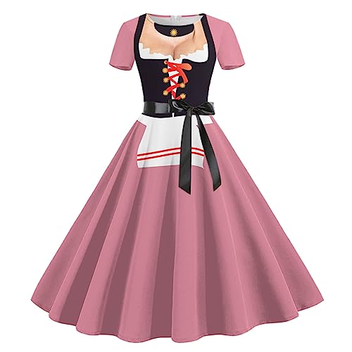 Oktoberfest Damen Outfit, Trachtenkleid,Mittelalter Kleidung,Satin Kleid, Abiballkleider, Spaß Elegant Print Kleid,Bayerisches Bierfest Kleid,Rundhals Kurzarm Kleid Mit Gürtel Verkauf Angebot von YAOJIWANG