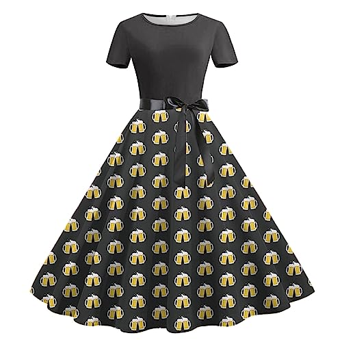 Oktoberfest Damen Outfit, Trachtenkleid,Mittelalter Kleidung,Satin Kleid, Abiballkleider, Spaß Elegant Print Kleid,Bayerisches Bierfest Kleid,Rundhals Kurzarm Kleid Mit Gürtel Verkauf Angebot von YAOJIWANG