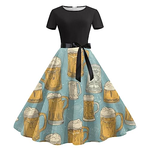 Oktoberfest Damen Outfit, Trachtenkleid,Mittelalter Kleidung,Satin Kleid, Abiballkleider, Spaß Elegant Print Kleid,Bayerisches Bierfest Kleid,Rundhals Kurzarm Kleid Mit Gürtel Verkauf Angebot von YAOJIWANG