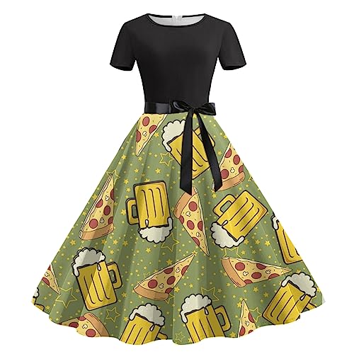 Oktoberfest Damen Outfit, Trachtenkleid,Mittelalter Kleidung,Satin Kleid, Abiballkleider, Spaß Elegant Print Kleid,Bayerisches Bierfest Kleid,Rundhals Kurzarm Kleid Mit Gürtel Verkauf Angebot von YAOJIWANG