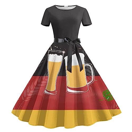 Oktoberfest Damen Outfit, Trachtenkleid,Mittelalter Kleidung,Satin Kleid, Abiballkleider, Spaß Elegant Print Kleid,Bayerisches Bierfest Kleid,Rundhals Kurzarm Kleid Mit Gürtel Verkauf Angebot von YAOJIWANG