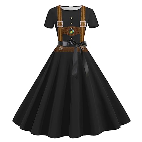 Oktoberfest Damen Outfit, Trachtenkleid,Mittelalter Kleidung,Satin Kleid, Abiballkleider, Spaß Elegant Print Kleid,Bayerisches Bierfest Kleid,Rundhals Kurzarm Kleid Mit Gürtel Verkauf Angebot von YAOJIWANG