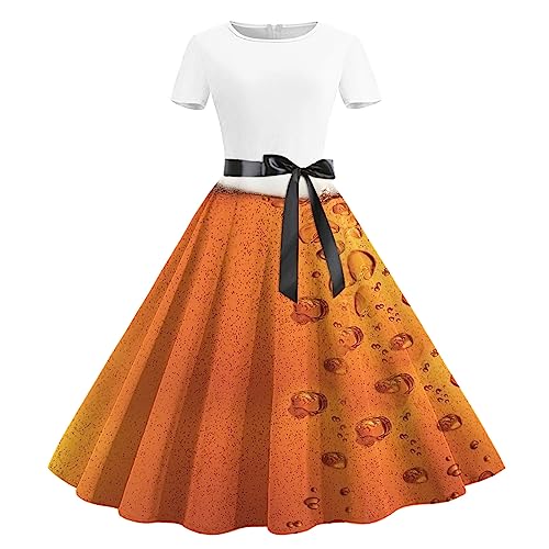 Oktoberfest Damen Outfit, Trachtenkleid,Mittelalter Kleidung,Satin Kleid, Abiballkleider, Spaß Elegant Print Kleid,Bayerisches Bierfest Kleid,Rundhals Kurzarm Kleid Mit Gürtel Verkauf Angebot von YAOJIWANG