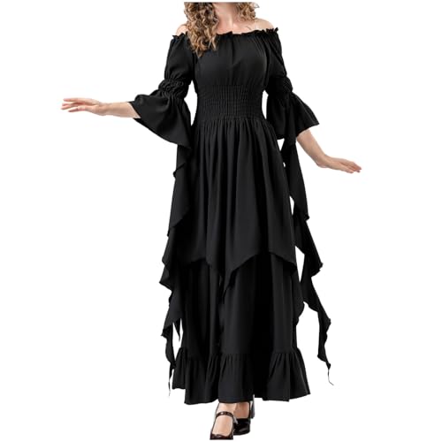 Viktorianisches Kleid Gericht Mittelalter Kleidung Damen Gothic Langarm Schulterfrei Bodenlang Einfarbig Dirndl Kleid Gebundene Taille mit Trompetenärmeln für Karneval Oktoberfest Cosplay Sale von YAOJIWANG