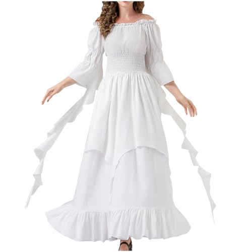 Viktorianisches Kleid Gericht Mittelalter Kleidung Damen Gothic Langarm Schulterfrei Bodenlang Einfarbig Dirndl Kleid Gebundene Taille mit Trompetenärmeln für Karneval Oktoberfest Cosplay Sale von YAOJIWANG