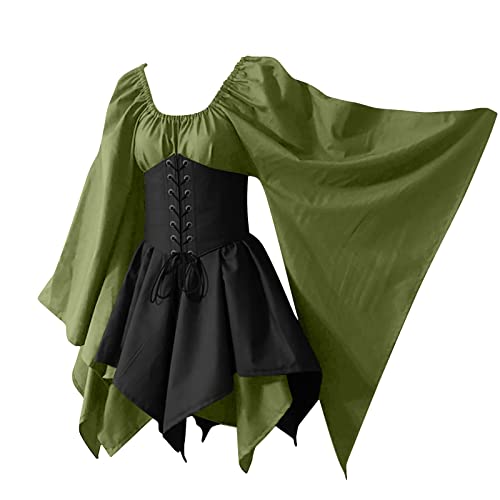 YAOJIWANG Mittelalter Kleidung Damen Gothic Renaissance Retro Partykleid mit Trompetenärmeln Vintage Maxikleid Abiballkleider Irisches Elfen Kostüm Halloween Karneval Cosplay Kostüm sale clearance von YAOJIWANG