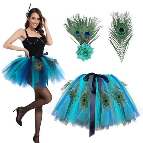 YAOZUP Damen Pfau Kostüm, Pfau Tüllrock mit 10 Pfauenfedern,Tüllrock Blau Grün Tutu Rock, Pfau Kostüm für Fasching Karneval Mottoparty Kostüm Zubehör von YAOZUP