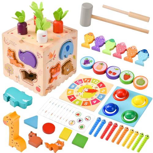 YAOZUP Montessori Spielzeug, Lernspielzeug Motorikspielzeug Geschenk Kinderspielzeug ab 1 2 3 4 Jahr, 8-in-1 Holzspielzeug Motorikwuirfel Baby Spielzeug mit Karottenernte, Magnetische Angelspie, usw von YAOZUP