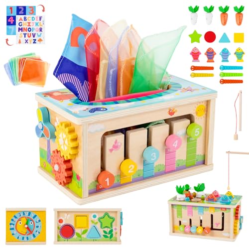 YAOZUP Montessori Spielzeug, Lernspielzeug Motorikspielzeug Geschenk Kinderspielzeug ab 6 Monate, 8-in-1 Holzspielzeug mit Tissue Box Montessori, Karottenernte, Magnetische Angelspie, usw von YAOZUP