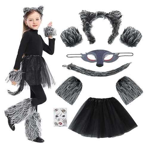 YAOZUP Wolf Kostüm Kinder, Wolf Kostüm, Tierkostüm mit Werwolf Haarreifen,Wolf Schwanz,Handschuhen ect, Werwolfkostüm für Mädchen, Monster Kostüm Kinder für Halloween Karneval Fancy Party Kostüm von YAOZUP