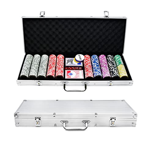 YARDIN Pokerkoffer 500 Chips Pokerset Pokerchips Poker inkl. 5 Würfel, 3 Dealer Button, 2 Pokerdecks, 2 Schlüssel, 1 Alu Pokerkoffer, für Texas Hold'em Poker, Party, Game (Silber) von YARDIN