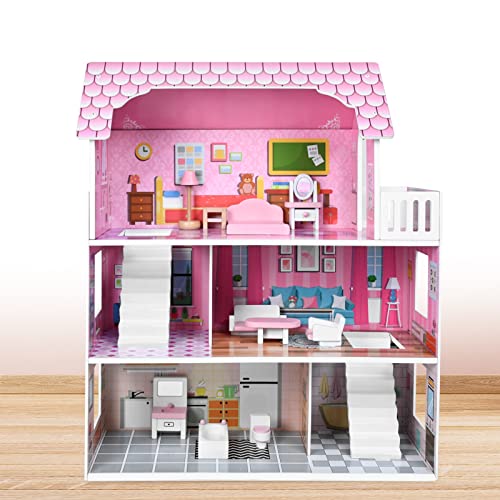 YARDIN Puppenhaus aus Holz, Puppenhaus mit Möbel und Zubehör, Puppen Haus Spielzeug, Holzpuppenhaus 60×23.7×70cm 3 Etagen Dollhouse für Mädchen, Kinder von YARDIN