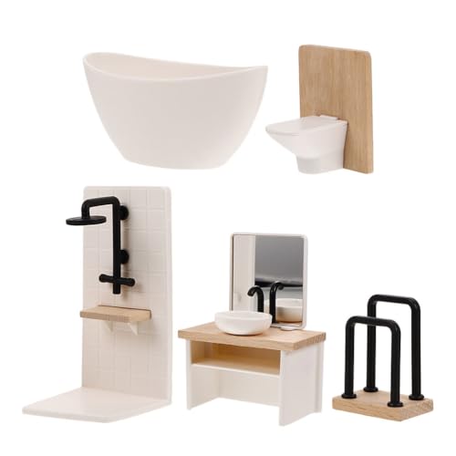 YARNOW 5-teiliges Puppenhaus-Badezimmer-spielset: Puppenhaus-Miniatur-badezimmermöbel im Maßstab 1:12, Badewanne, Toilette, Waschbecken, Duschraum, Handtuchhalter, Rollenspiel-zubehör YARNOW 5-teiliges Puppenhaus-Badezimmer-spielset: Puppenhaus-Miniatur-badezimmermöbel im Maßstab 1:12, Badewanne, Toilette, Waschbecken, Duschraum, Handtuchhalter, Rollenspiel-zubehör von YARNOW