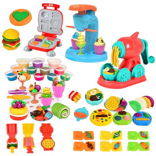 YATOSEEN 3-in-1 Knete Play Doh Set, Maschine zum Zubereiten von Eiscreme, Nudeln und Hamburgern,Kreatives Essensspielzeug für die Küche, Knete kzeugset mit 12 Knete Farben für Kinder ab 3 Jahren von YATOSEEN