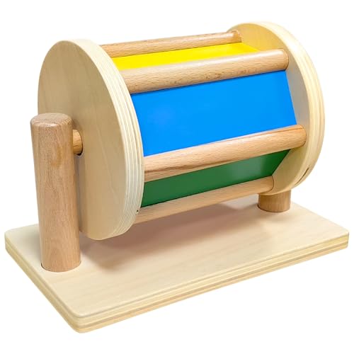 YATOSEEN Holz Spielzeug Drehendes Trommelspielzeug, Montessori-Holzspielzeug für Kinder, drehendes Regenbogenfarbenspielzeug mit Spiegel und Glocke, Montessori-Lern und Bildungsspielzeug von YATOSEEN