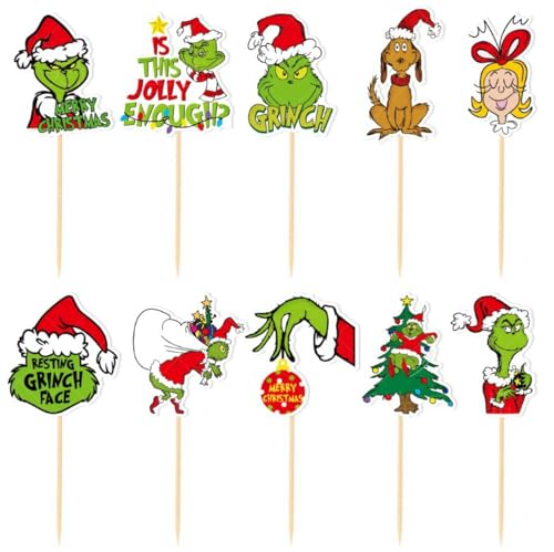 YATOSEN Cupcake Topper Grinch Weihnachten Food Fruit Picks für Party Kuchen Dessert Dekoration 10 Stück von YATOSEN