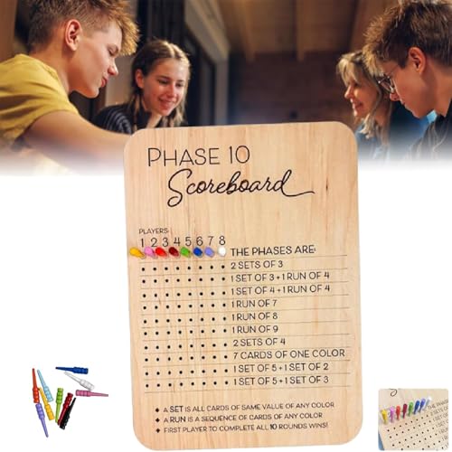 Phase-10-Ergebnistafel, Phase-10-Ergebnisbögen mit 8 farbigen Stiften, hölzerne Phase-10-Ergebniskarte und Rundenzähler, klassische Familien-Brettkartenspiele für Erwachsene, Nachttisch (1pcs) von YAUWIHE