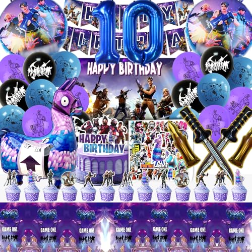 104 Stück Fortnit Geburtstagsdeko 10 Jahre, Fortnit Luftballon, Fortnit Party Deko, Fortnit Geburtstag, Gaming Deko, Fortnit Kuchen Deko, Aufkleber, Happy Birthday Banner, Kinder Geburtstag Party von YAXMME