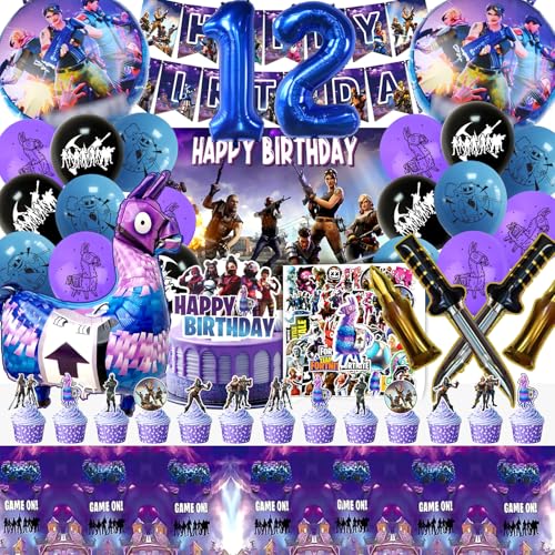 104 Stück Fortnit Geburtstagsdeko 12 Jahre, Fortnit Luftballon, Fortnit Party Deko, Fortnit Geburtstag, Gaming Deko, Fortnit Kuchen Deko, Aufkleber, Happy Birthday Banner, Kinder Geburtstag Party von YAXMME