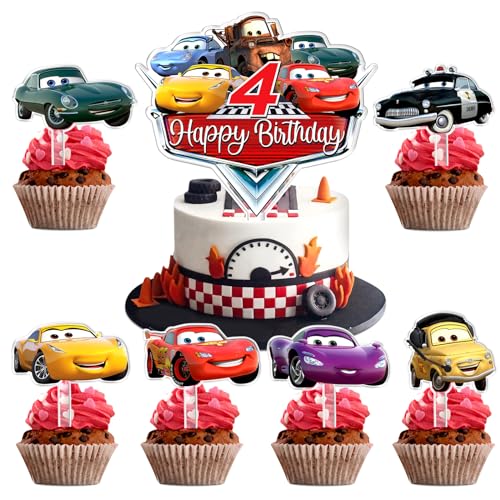 7 Stücke Car Kuchen Deko Set, Car Cake Topper 4 Jahre, Car Geburtstags Kuchen Dekoration, Car Cartoon Kuchenaufsatz, Car Partyzubehör Junge, Geeignet für Kindergeburtstag, Babyparty Dekoration von YAXMME