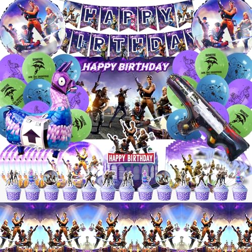 81 Stück Fortnit Geburtstagsdeko Set, Fortnit Deko Geburtstag, Fortnit Tortendeko, Fortnit Luftballon, Fortnit Party Deko, Speiseteller, Serviette, Hintergrundstoff, Kinder Geburtstags Dekoration von YAXMME