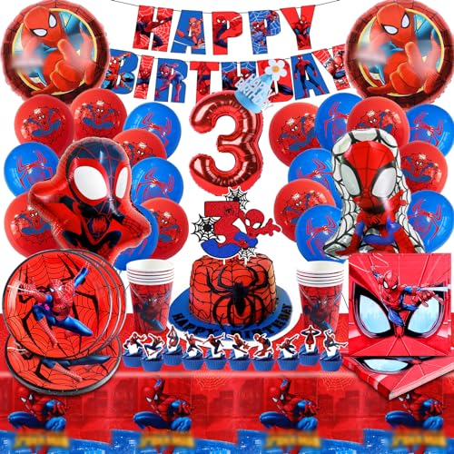 91 Stück Spiderman Geburtstagsdeko 3 jahre, Spiderman Ballon, Spiderman Partygeschirr, Spiderman Geburtstagsdeko,Spiderman Deko Ballon Teller Tasse Tischdecke Servietten Pull Flag für Kindergeburtstag von YAXMME