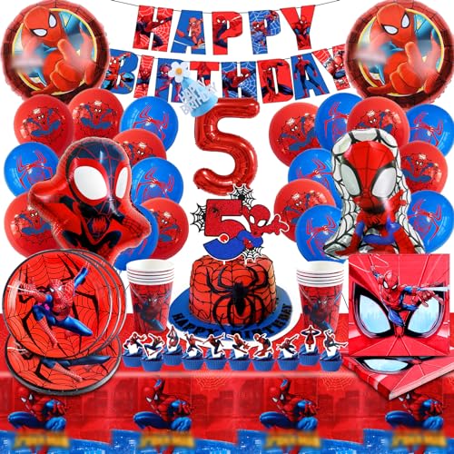 91 Stück Spiderman Geburtstagsdeko 5 jahre, Spiderman Ballon, Spiderman Partygeschirr, Spiderman Geburtstagsdeko,Spiderman Deko Ballon Teller Tasse Tischdecke Servietten Pull Flag für Kindergeburtstag von YAXMME