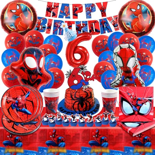 91 Stück Spiderman Geburtstagsdeko 6 jahre, Spiderman Ballon, Spiderman Partygeschirr, Spiderman Geburtstagsdeko,Spiderman Deko Ballon Teller Tasse Tischdecke Servietten Pull Flag für Kindergeburtstag von YAXMME