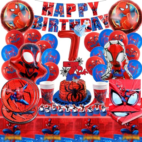 91 Stück Spiderman Geburtstagsdeko 7 jahre, Spiderman Ballon, Spiderman Partygeschirr, Spiderman Geburtstagsdeko,Spiderman Deko Ballon Teller Tasse Tischdecke Servietten Pull Flag für Kindergeburtstag von YAXMME