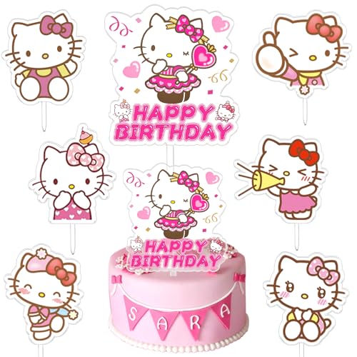 Kitty Kuchen Dekoration, 7 Stück Kitty Acryl Cake Toppers Set, Kitty Themen Geburtstage Dekoration, Happy Birthday Cake Topper, Partyzubehör für Kinder, Geeignet Dekoration für Mädchengeburtstage von YAXMME